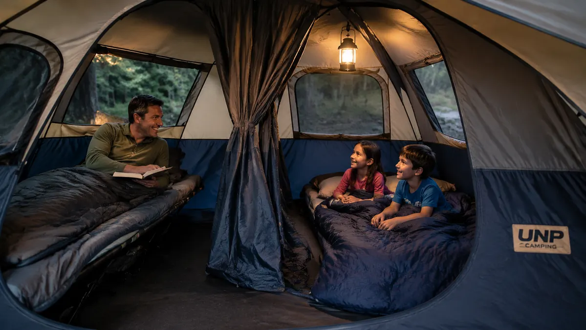 Family cabin tent interior divider curtain separating two sleeping areas, cots and sleeping bags visible on both sides