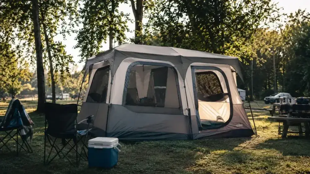 Large family cabin tent with vertical walls set up at a campsite in early morning light, camp chairs and a cooler out front