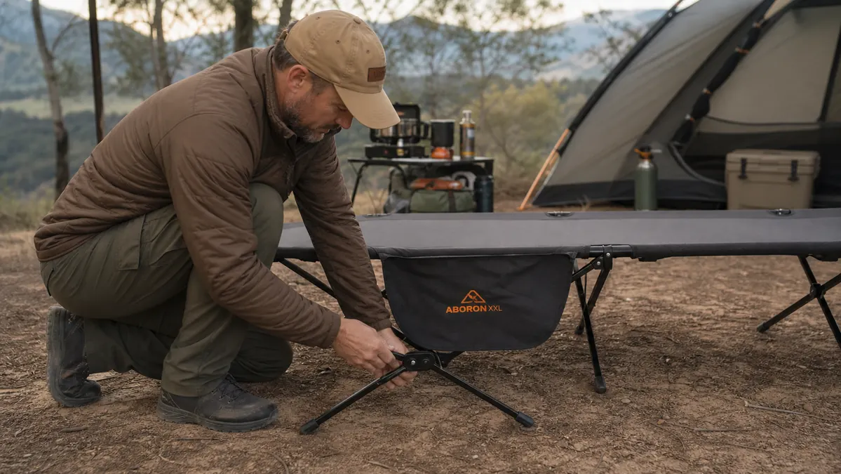 Hands unfolding the ABORON XXL camping cot's steel frame at a campsite before dinner