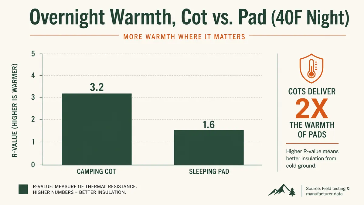 Simple bar chart comparing overnight warmth retention of a camping cot versus a sleeping pad at 40 degrees