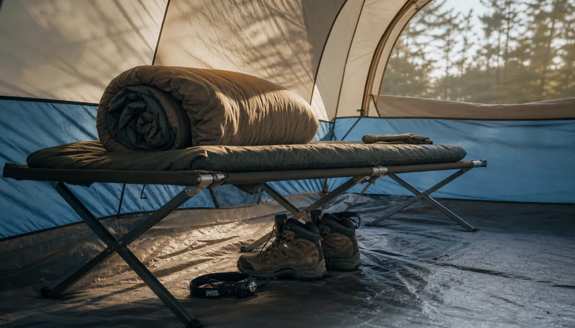 A camping cot set up inside a tent at a car campsite in early morning light, sleeping bag folded back