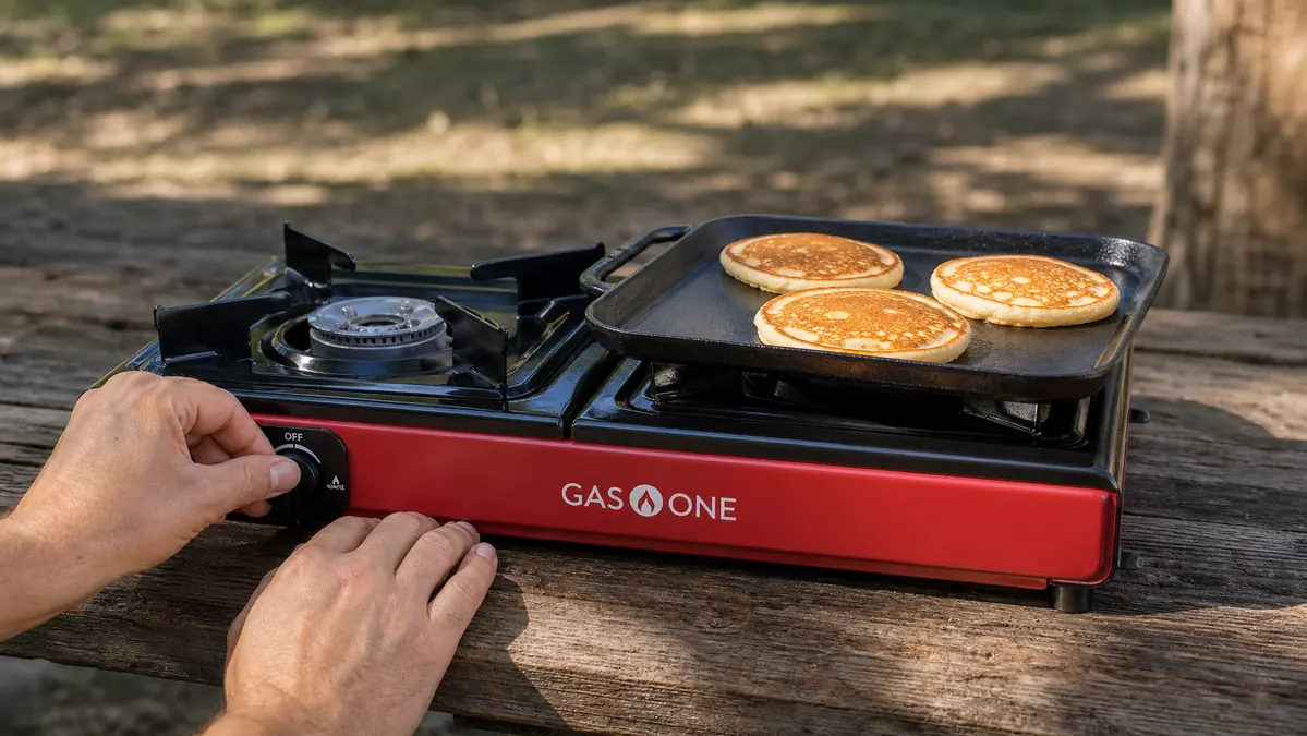 Hands lighting one burner of a Gas One double burner propane camp stove while a griddle pan cooks on the other burner