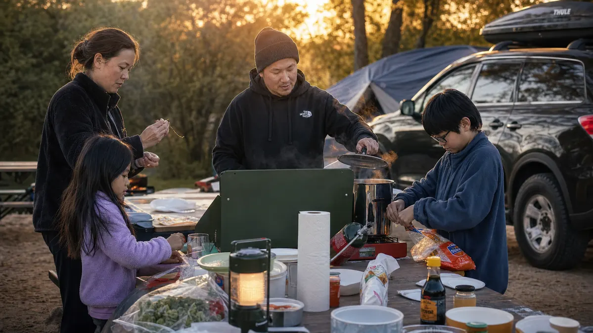 Family cooking dinner together at a campsite picnic table on a double burner propane stove at dusk