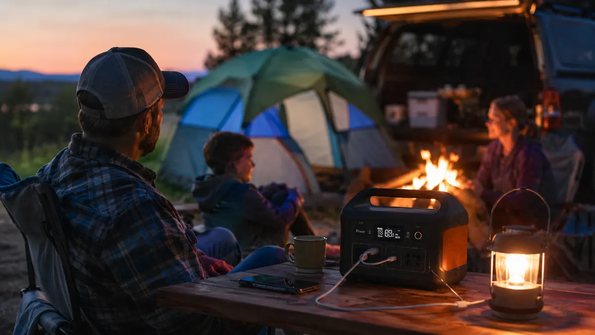 Portable power station glowing on a picnic table at a family campsite at dusk, tent and camp chairs in the background, no generator in sight.
