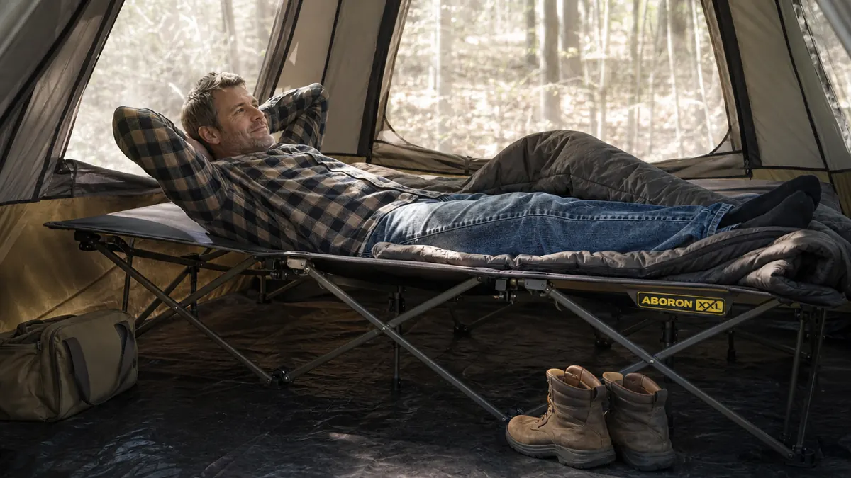 A man resting on an ABORON camping cot inside a tent, one arm behind his head, morning light through the mesh window