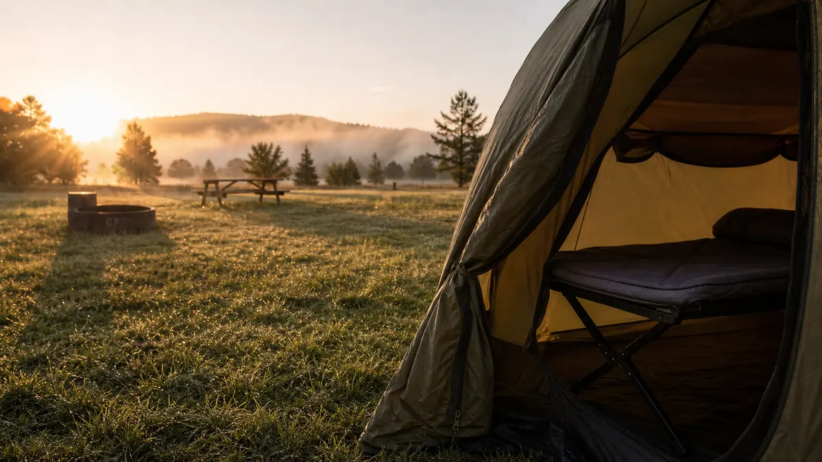 A campsite at first light with a tent and folding cot legs visible through the open tent flap