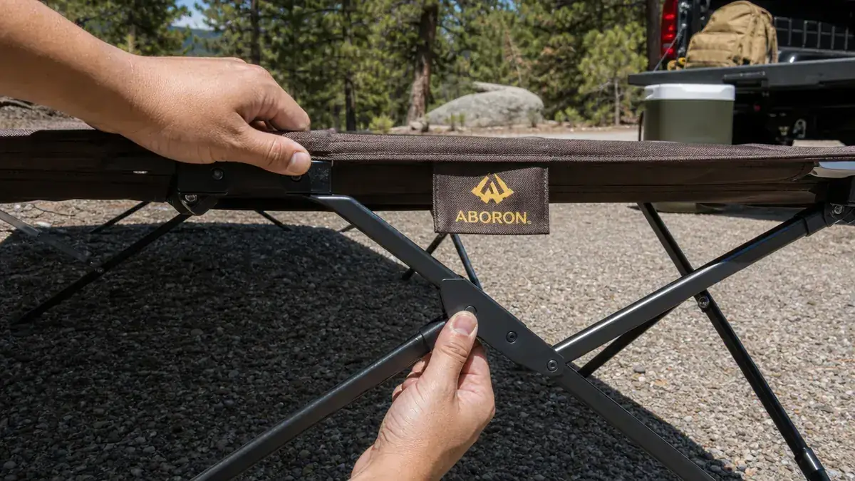 Man's hands assembling the steel cross-leg frame of the ABORON camping cot on a gravel campsite pad