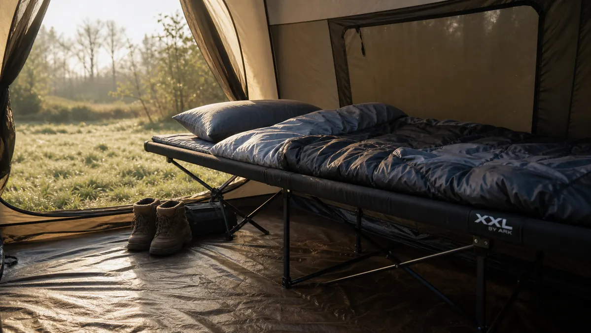 Folding camping cot set up inside a family tent at a wooded campsite in early morning light