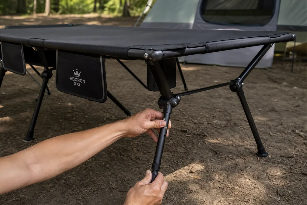 Camper unfolding the steel frame legs of the ABORON XXL camping cot at a campsite