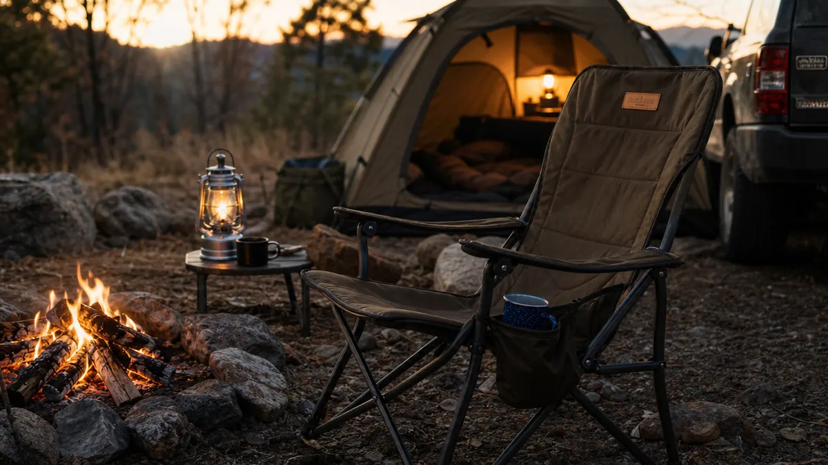 A family campsite at dusk with a folding camp chair set up near a glowing campfire