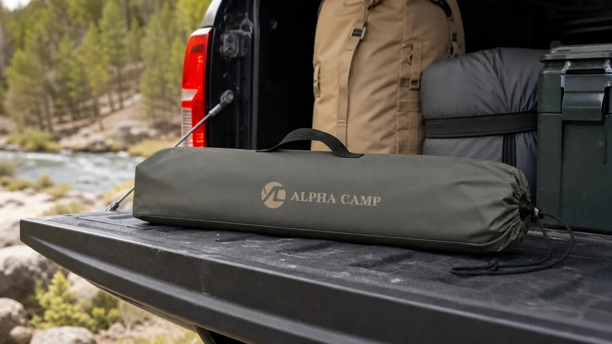 ALPHA CAMP heavy duty camping chair folded down and packed into its carry bag next to a truck tailgate