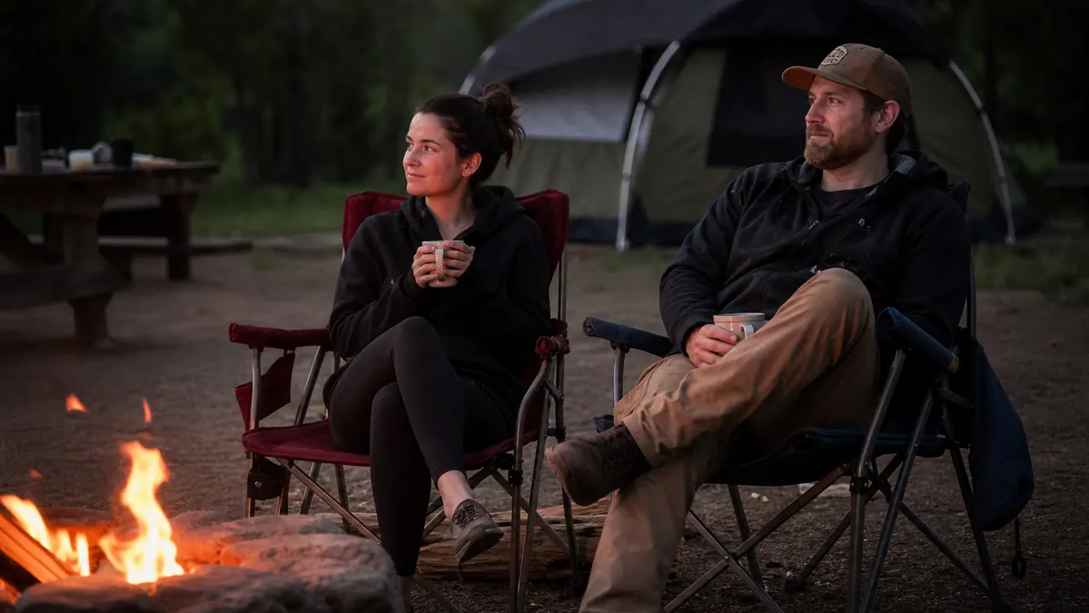 ALPHA CAMP heavy duty camping chair and a Coleman camping chair set up side by side around a campfire ring at dusk
