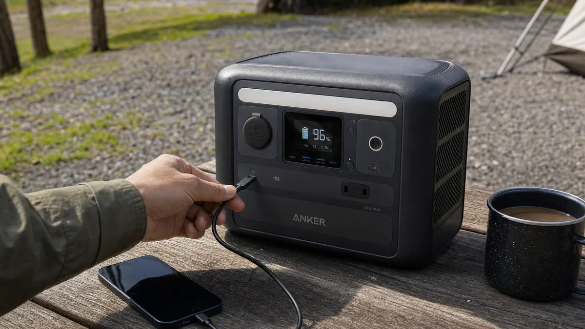Hand plugging a phone into the front port of a compact black and orange power station on a picnic table