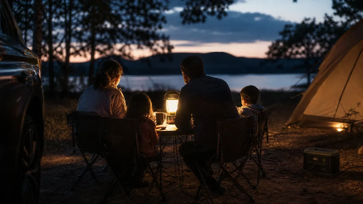 Family gathered around a picnic table at dusk with a lantern glowing and phones charging quietly nearby