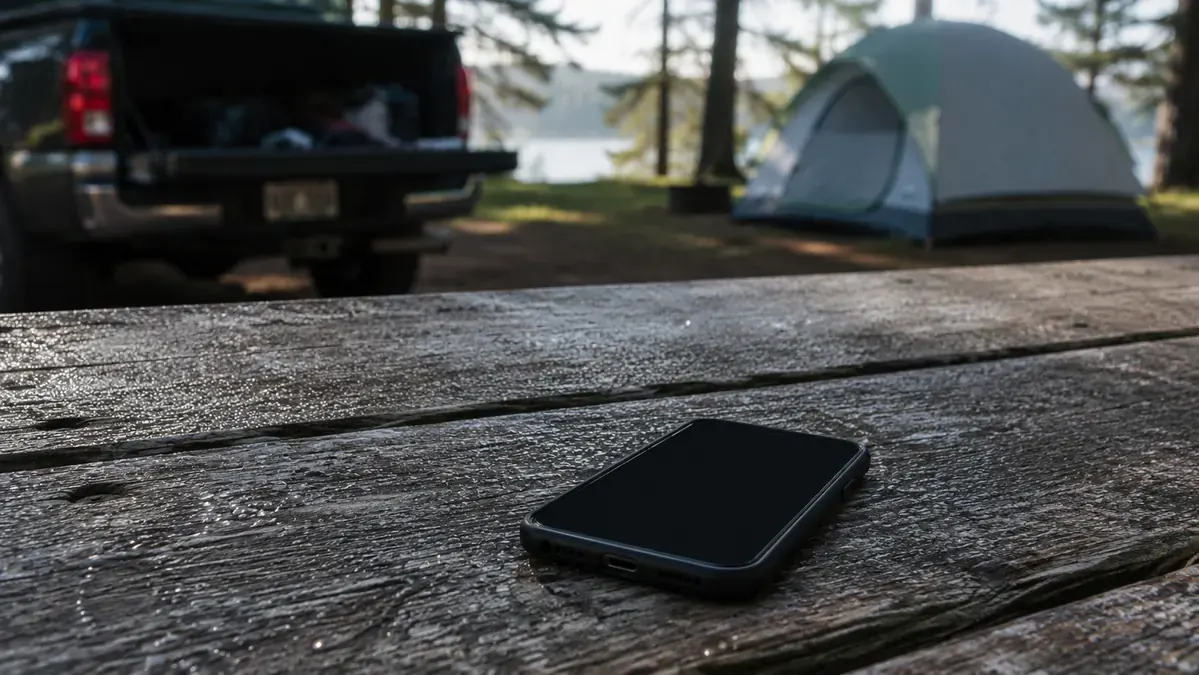 A dark phone screen on a picnic table at a campsite with a truck and tent blurred in the early morning background
