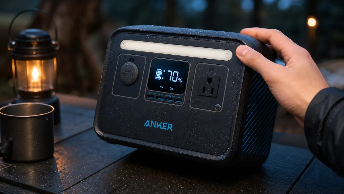 Close-up hand checking the percentage readout on the Anker 521 power station's front display