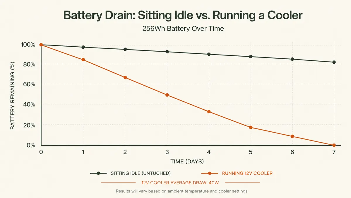 Chart showing overnight standby battery drain compared against active discharge under a cooler load
