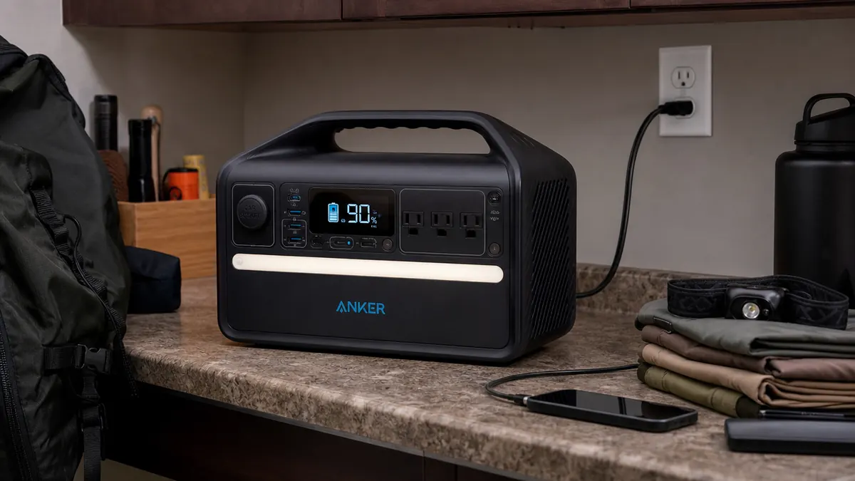 Anker 521 power station plugged into a wall outlet at home before a camping trip, cord and adapter visible