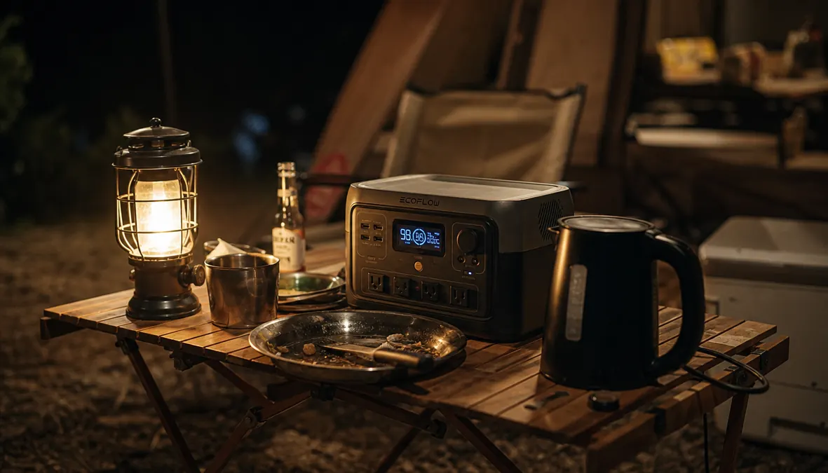 A cluttered camp table at night with a coffee kettle sitting unused next to the power station