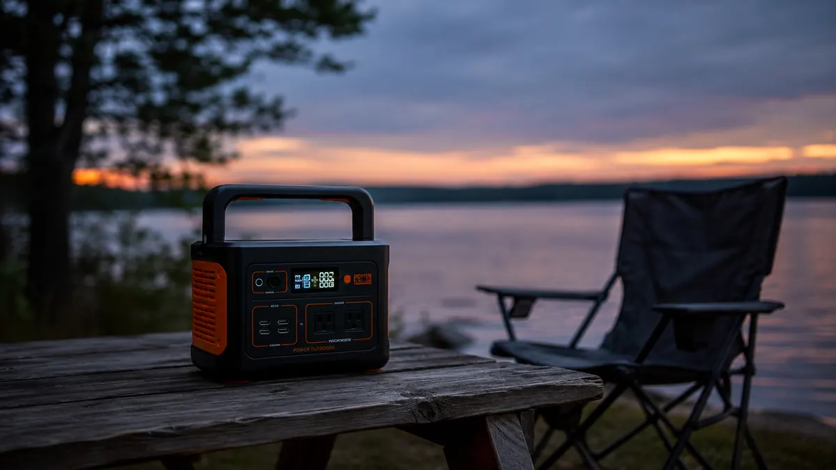 Anker 521 power station sitting alone on a camp table with its display lit, dusk settling in