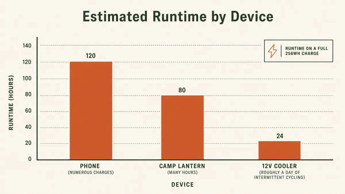Bar chart showing runtime in hours for phone, lantern, and cooler loads on a 256Wh battery