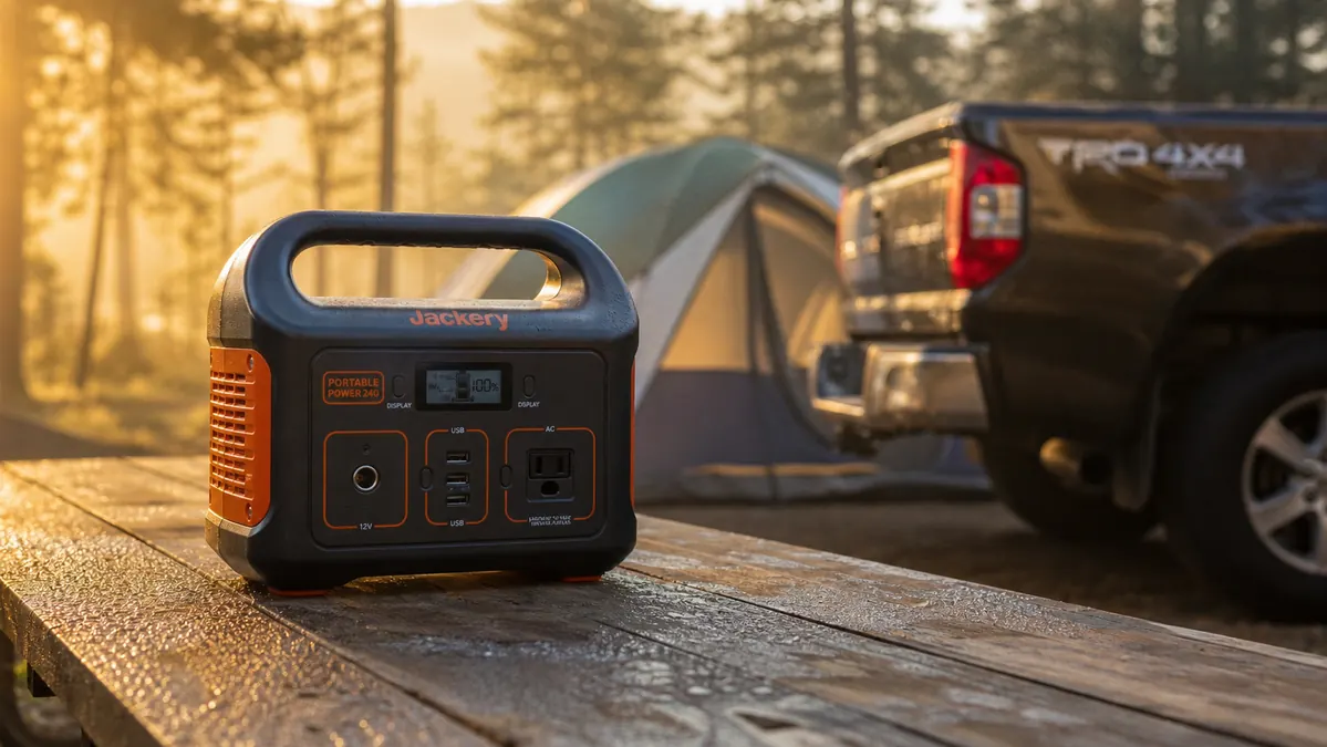 Anker 521 portable power station sitting on a picnic table at a campsite in early morning light