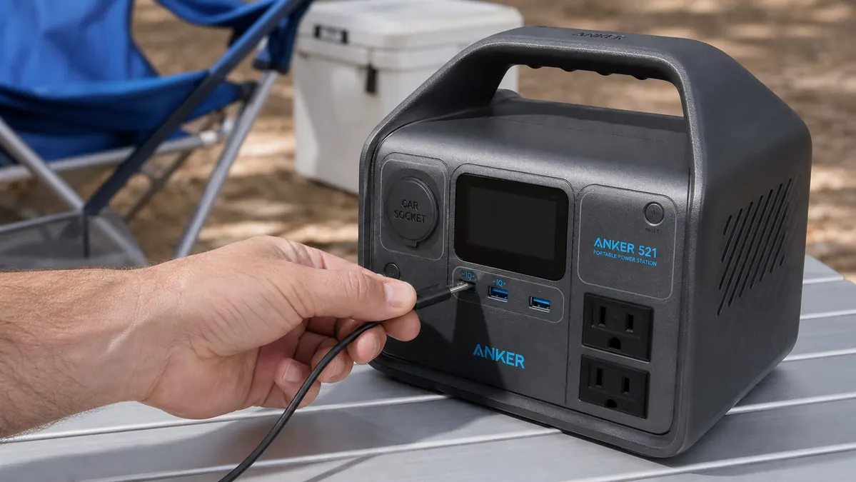 Hand plugging a USB-C cable into the Anker 521 power station's front panel at a campsite