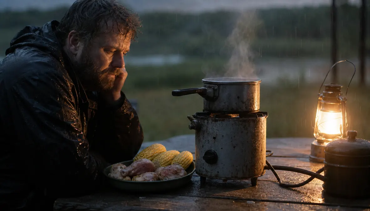 A single dim camp lantern lighting a half-cooked dinner on a rusty old single-burner stove during a light rain