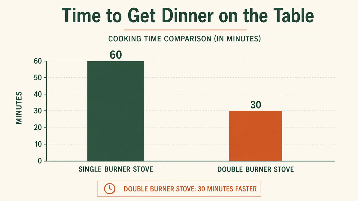 Simple side-by-side chart comparing cook time for a full camp dinner on a single burner versus a double burner stove