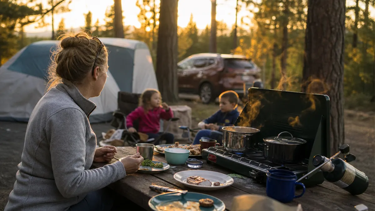 Family gathered around a picnic table at dusk with a two-burner camp stove cooking dinner, warm light from the campsite