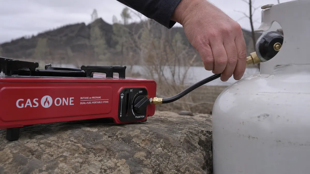 A hand checking the propane hose fitting where it connects to a 20 pound tank next to the Gas One stove