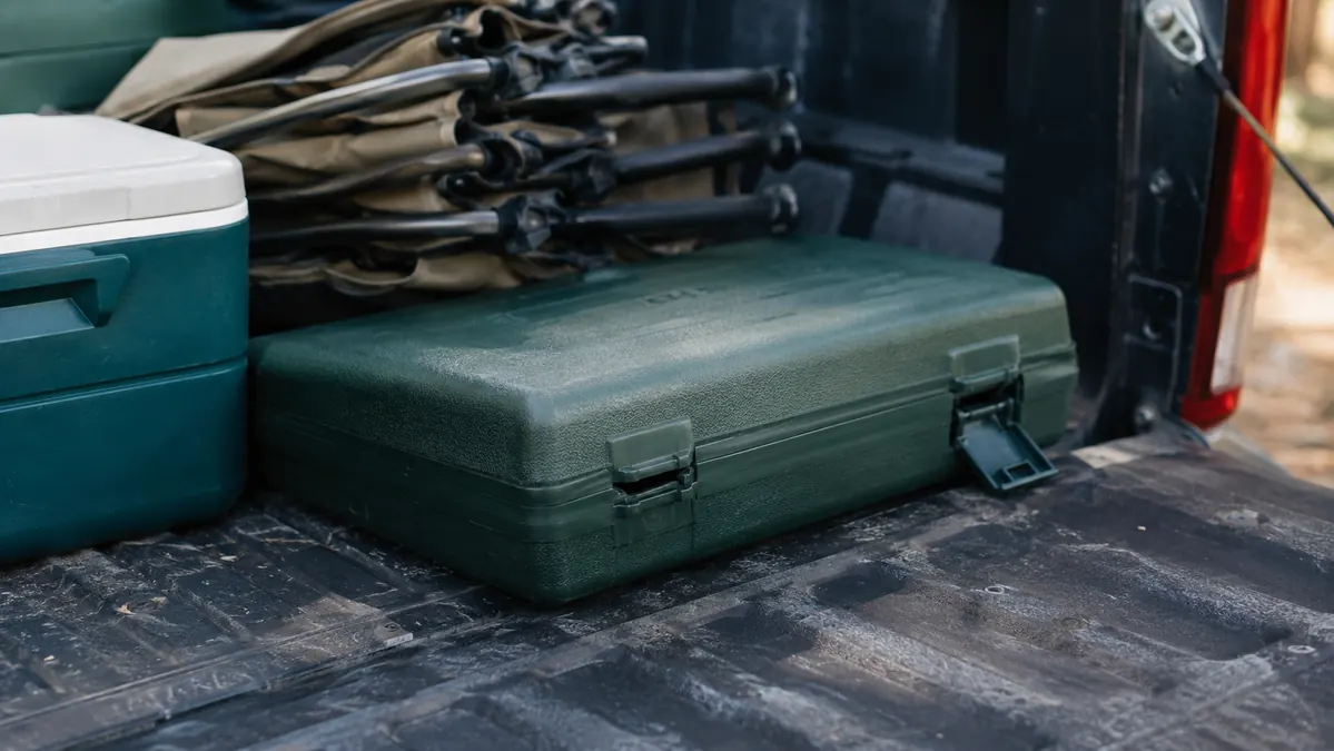 A camp stove hard case with one latch popped open sitting in the bed of a pickup truck next to a cooler