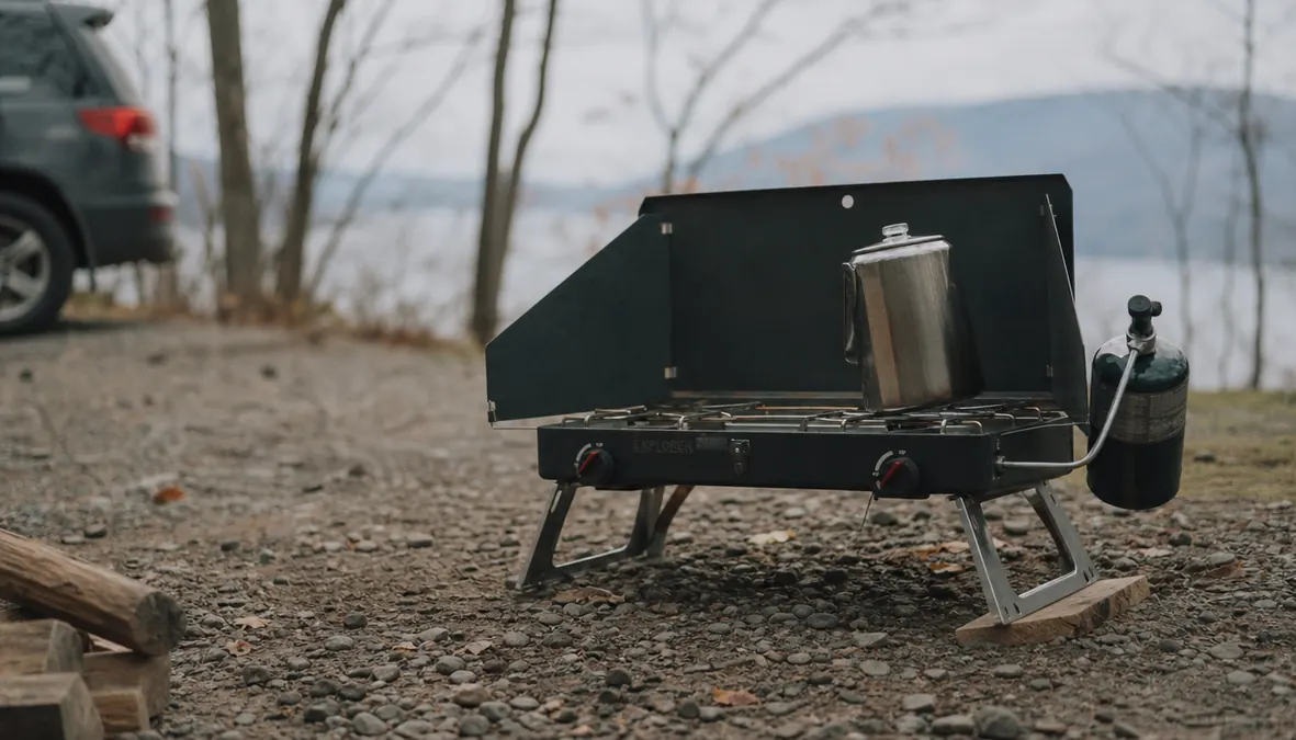 Gas One double burner stove sitting on an uneven gravel campsite pad with one leg propped level