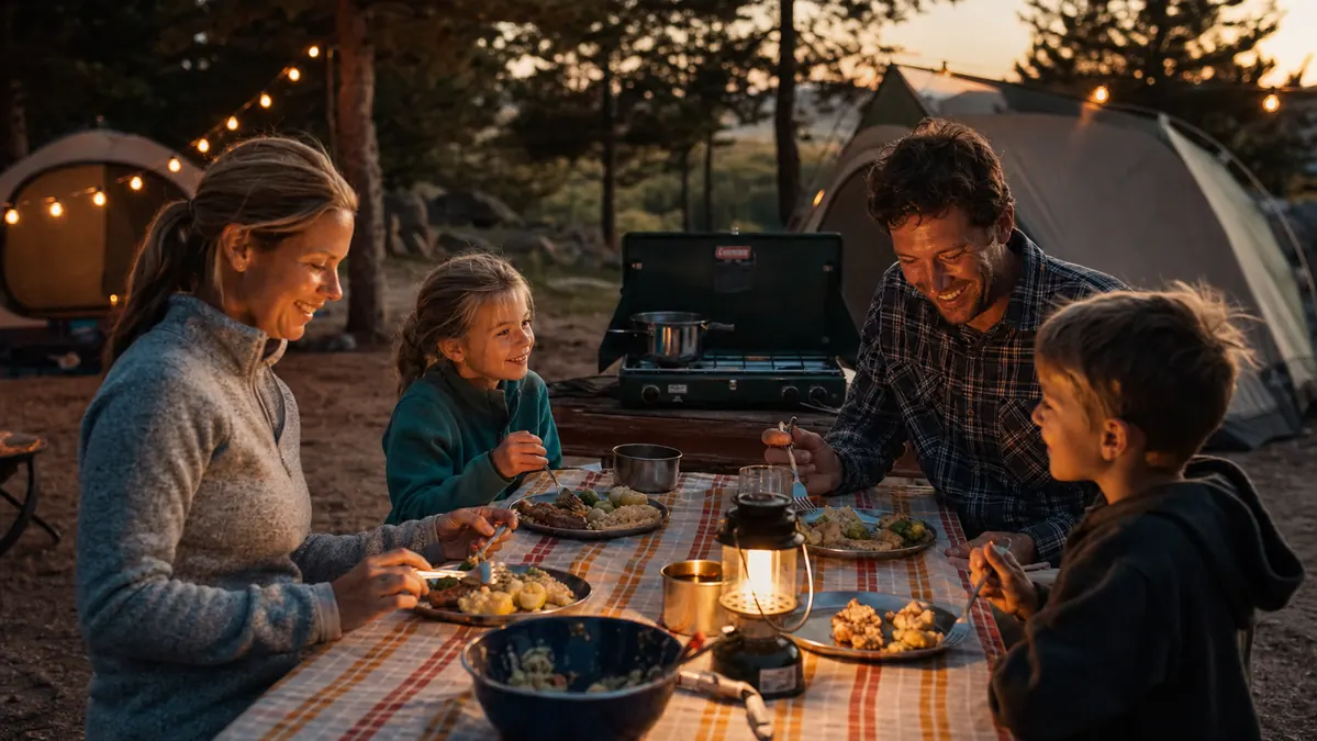 Family eating a hot dinner at a campsite picnic table with the Gas One stove still warm in the background