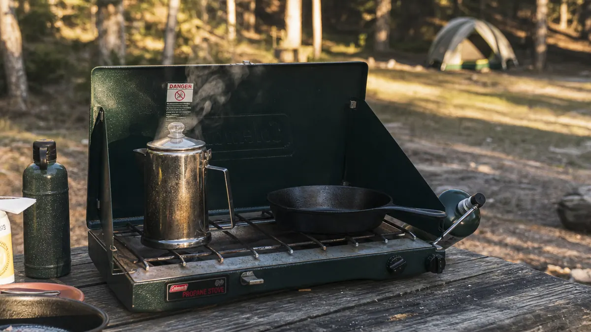 Gas One double burner propane camp stove set up on a picnic table at golden hour with a coffee pot on one burner