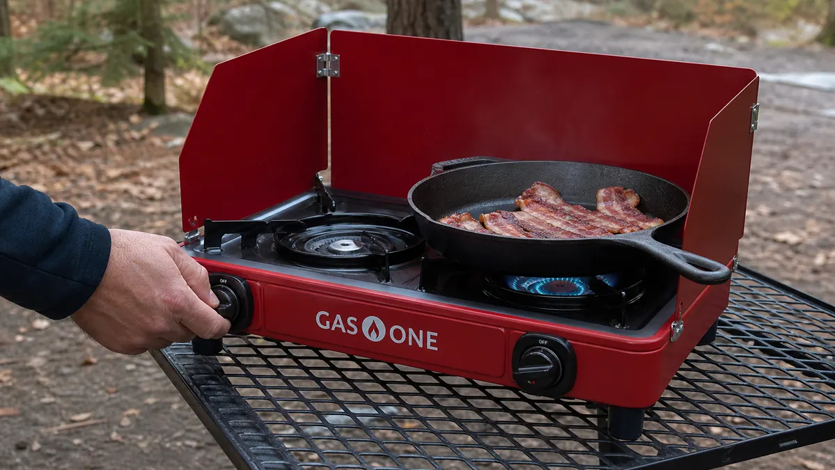 Close-up of the Gas One double burner stove with wind panels raised, bacon cooking in a cast iron pan on one burner