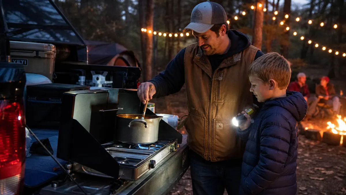 Family cooking dinner together at a campsite in the evening with a double burner stove set up on the tailgate