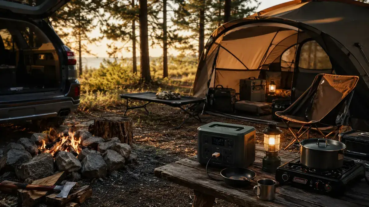 A family campsite at golden hour with a dome tent, camp chairs, and a cooler beside a picnic table under oak trees