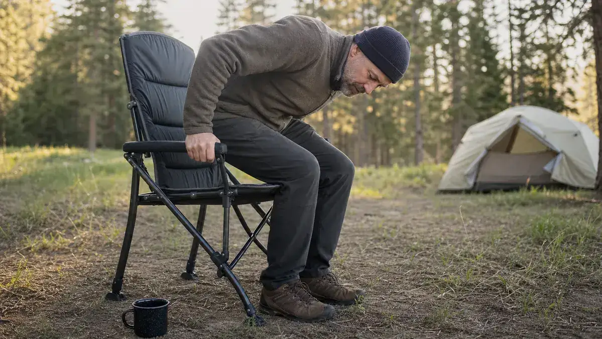 A man slowly lowering himself into a high-backed camping chair at a campsite, one hand braced on the armrest