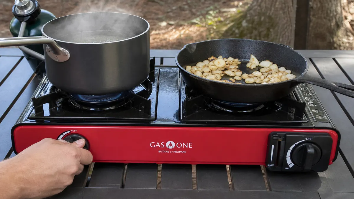 Close-up of a hand adjusting the burner knob on a Gas One double burner propane stove with a pot of food simmering
