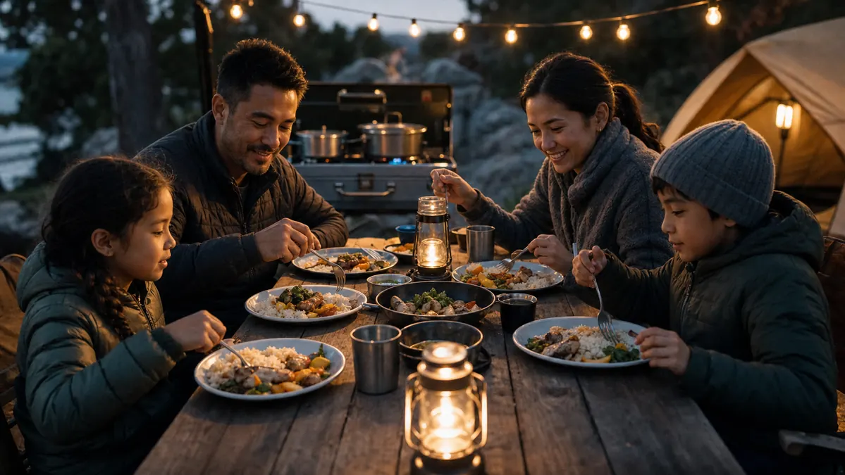 A family eating a full cooked dinner at a picnic table at a campsite in the evening