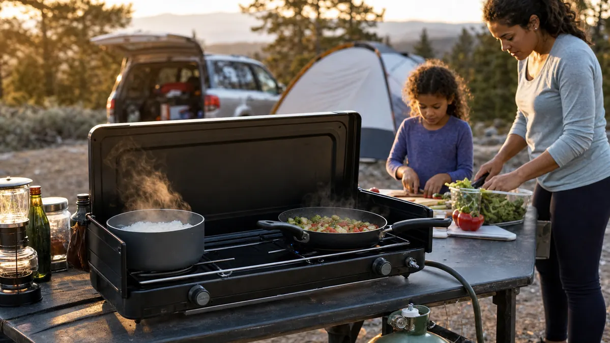 A double burner propane camp stove set up on a picnic table with two pots cooking a full dinner at dusk