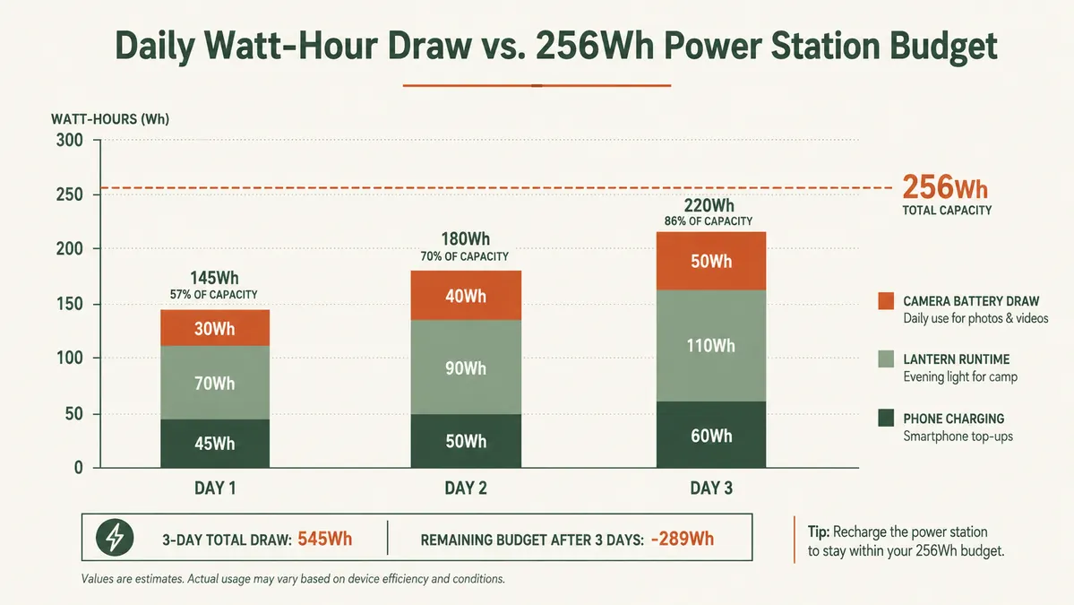 Bar chart showing watt-hour usage per day for phones, a lantern, and a camera battery against a 256 watt-hour power station budget over a 3 day camping trip
