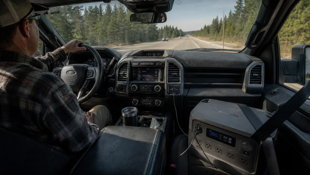 A power station sitting on a truck's front passenger seat charging from the 12V outlet while driving between campsites