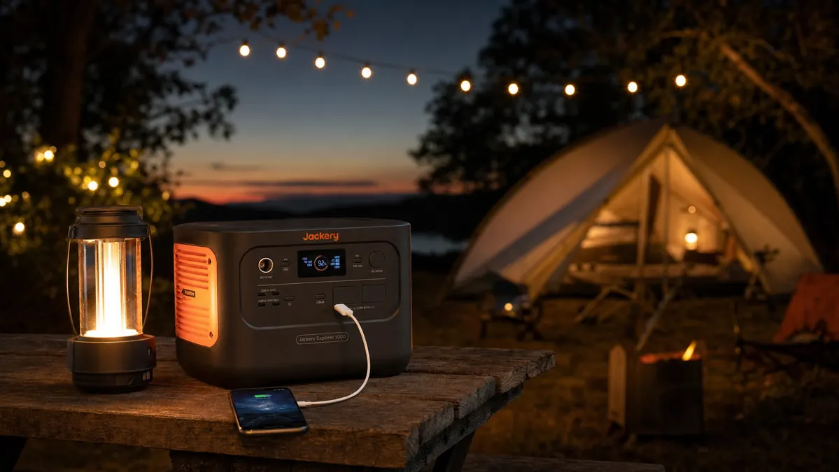 A campsite picnic table at dusk with a power station charging a phone and a string of camp lights strung overhead