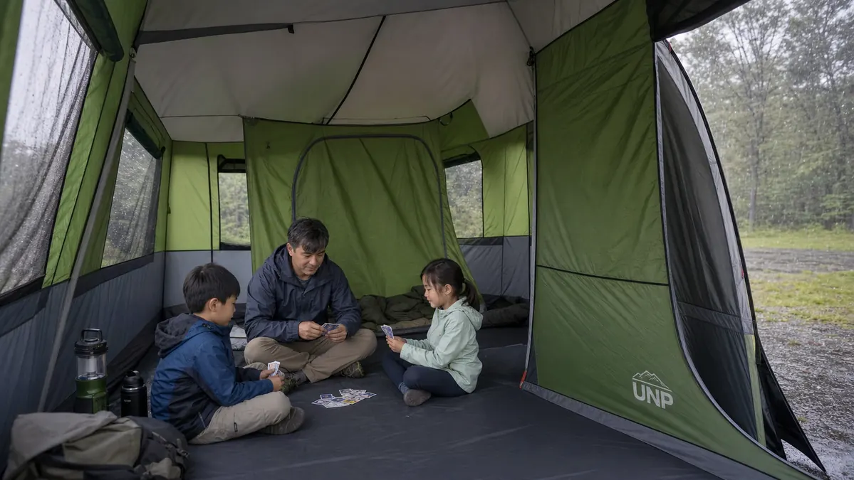 Father and two kids inside a cabin tent with a room divider, playing cards on the floor during a rainstorm