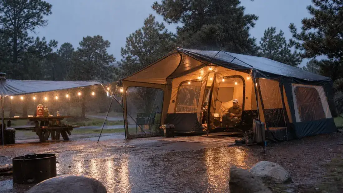 A family cabin tent glowing from lantern light at a rainy campsite at dusk
