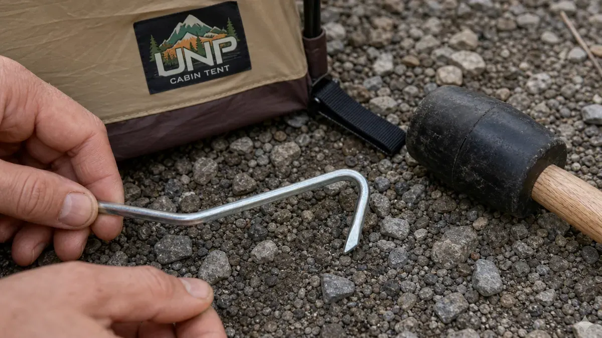 Close-up of a bent stamped steel tent stake next to a rubber mallet on gravel