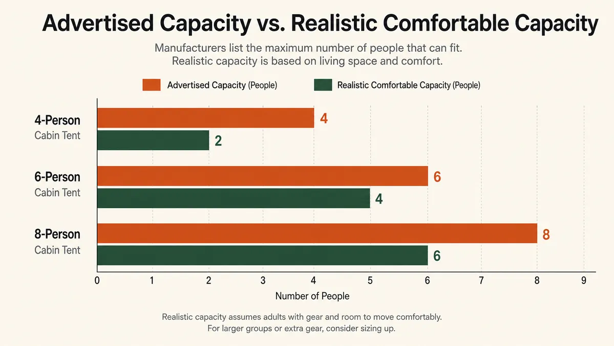 Simple chart comparing advertised sleeping capacity against realistic comfortable capacity for three tent sizes