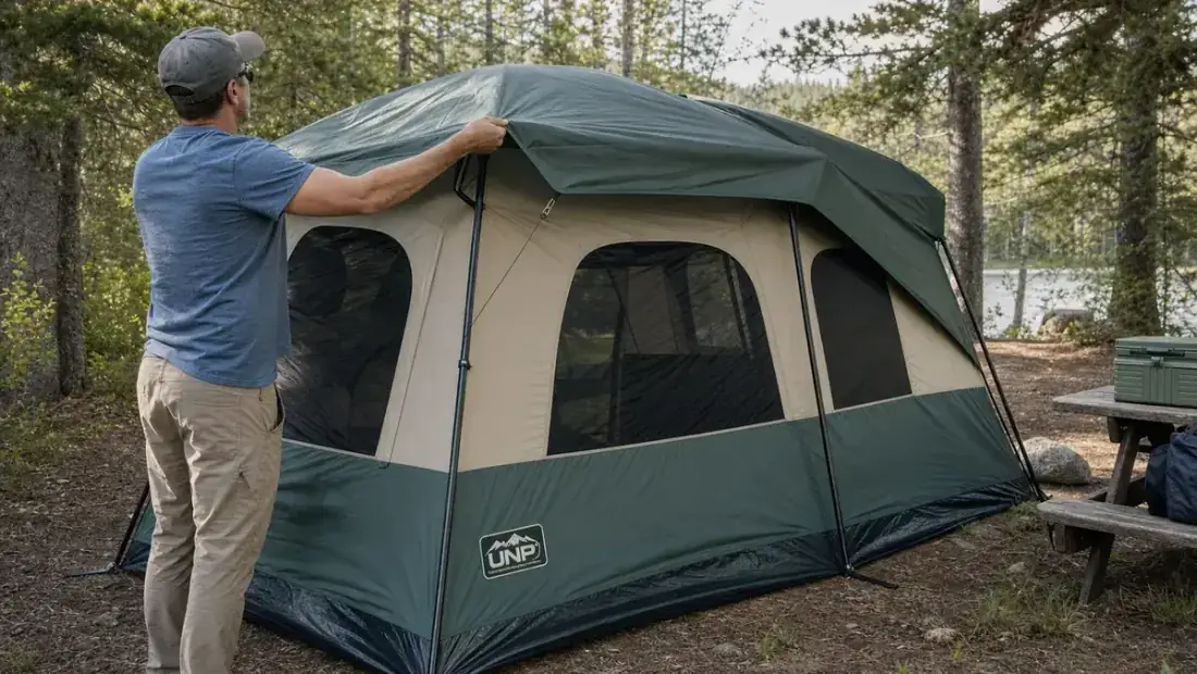 Hand unrolling the rainfly over the cabin tent frame during setup
